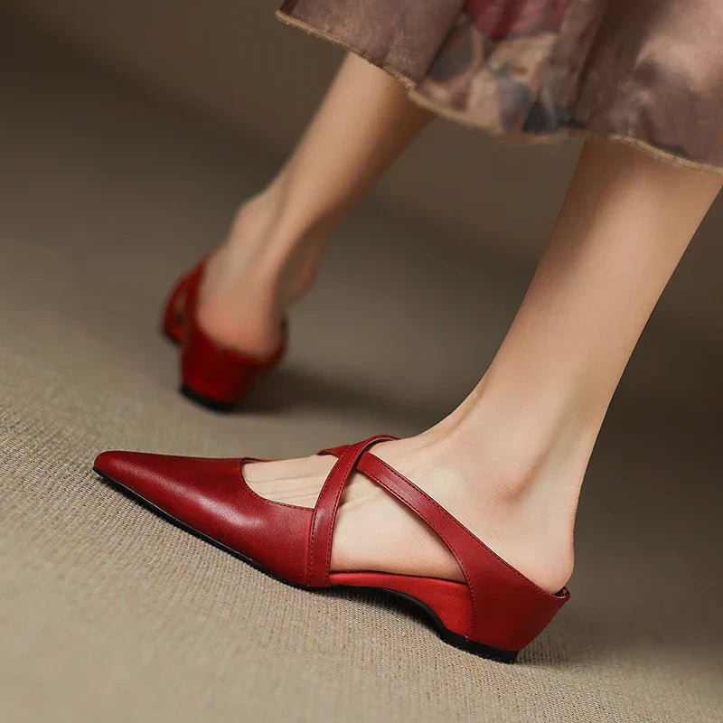 Women's Leather Mules Cross-Strap Pointed Toe Low Heel Slip-On