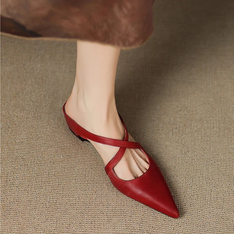 Women's Leather Mules Cross-Strap Pointed Toe Low Heel Slip-On