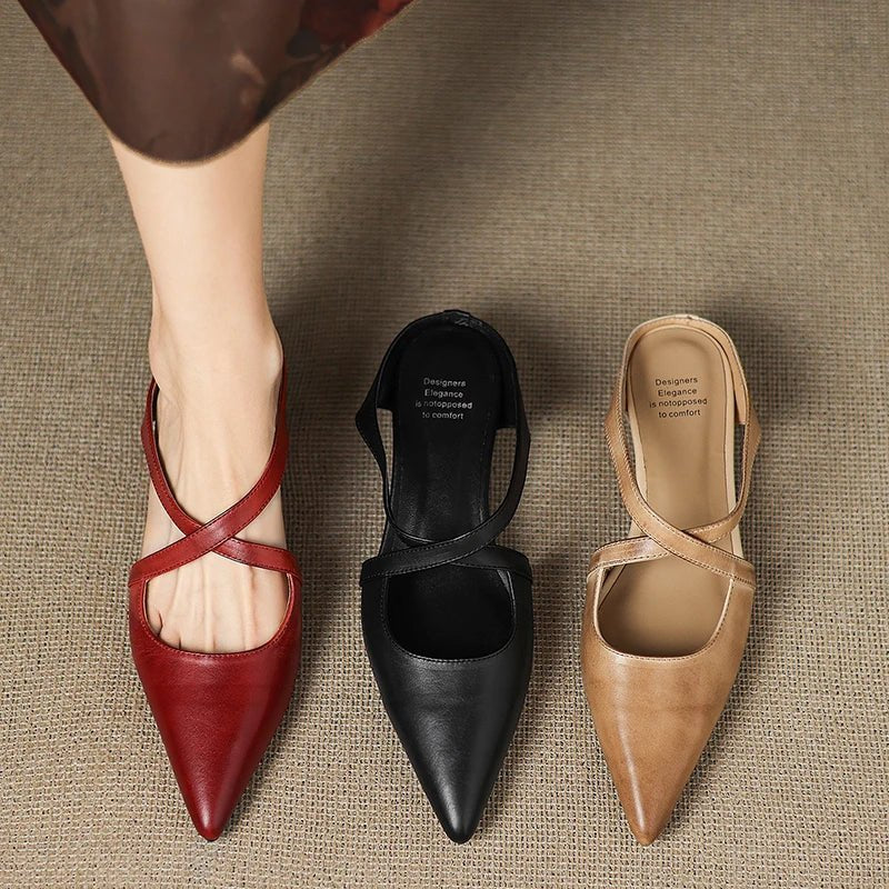 Women's Leather Mules Cross-Strap Pointed Toe Low Heel Slip-On