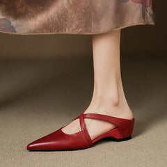 Women's Leather Mules Cross-Strap Pointed Toe Low Heel Slip-On - Red