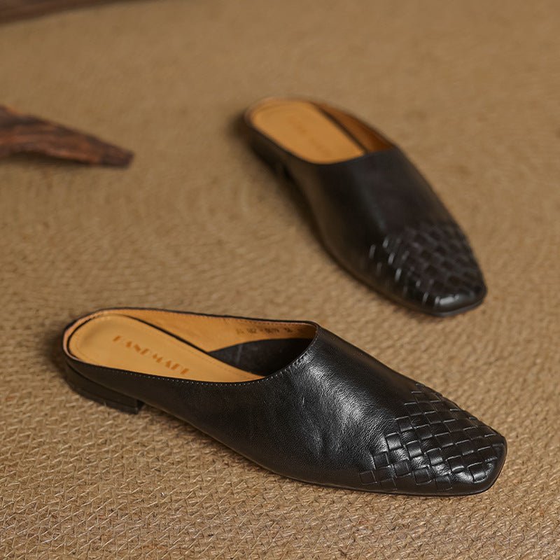 Women's Leather Mules Square Toe Woven Slip-On Flats | Spring - Black