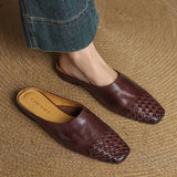 Women's Leather Mules Square Toe Woven Slip-On Flats | Spring - Brown