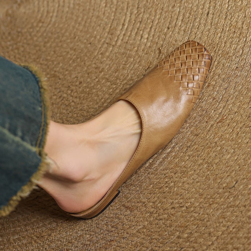 Women's Leather Mules Square Toe Woven Slip-On Flats | Spring