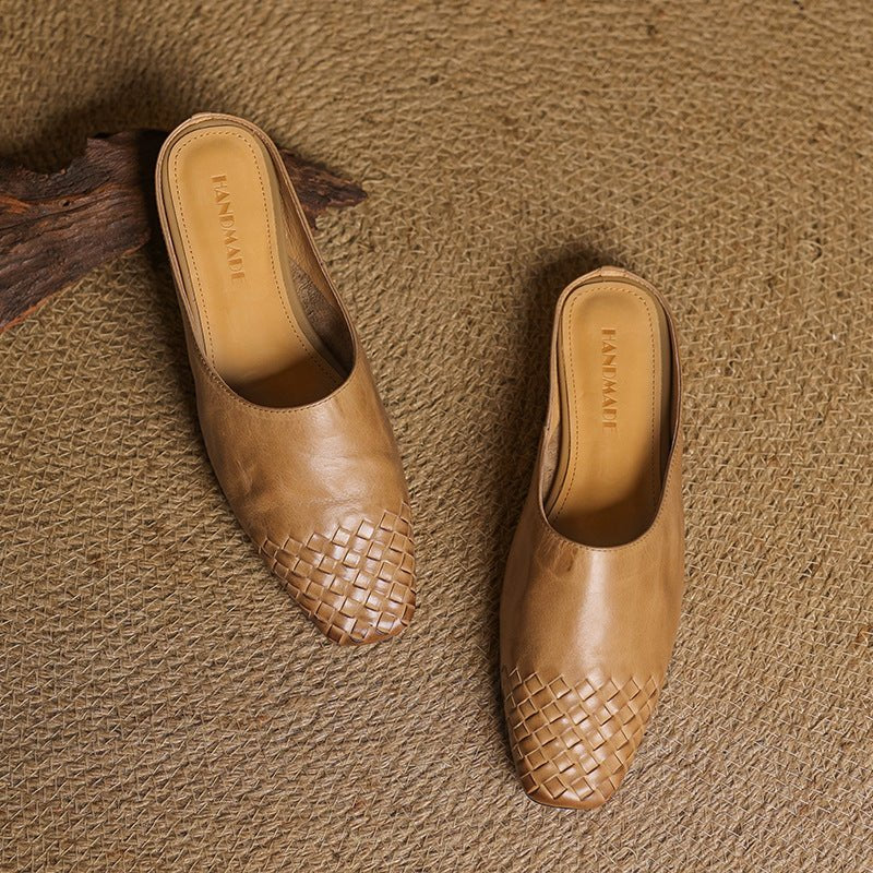 Women's Leather Mules Square Toe Woven Slip-On Flats | Spring