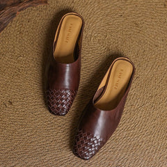 Women's Leather Mules Square Toe Woven Slip-On Flats | Spring