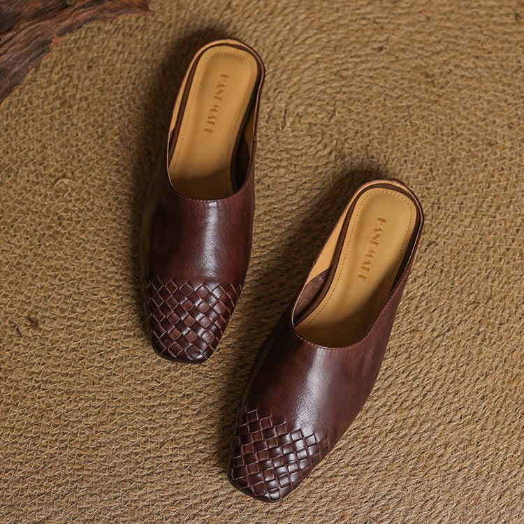 Women's Leather Mules Square Toe Woven Slip-On Flats | Spring