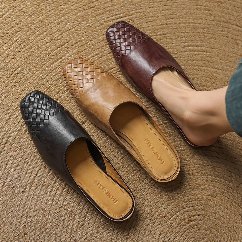 Women's Leather Mules Square Toe Woven Slip-On Flats | Spring