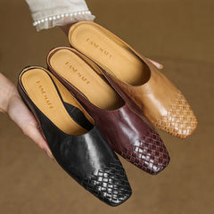 Women's Leather Mules Square Toe Woven Slip-On Flats | Spring