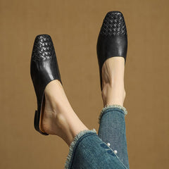 Women's Leather Mules Square Toe Woven Slip-On Flats | Spring