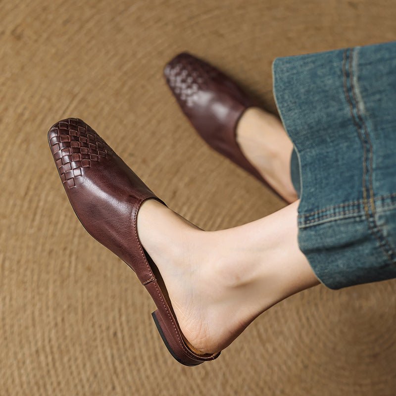 Women's Leather Mules Square Toe Woven Slip-On Flats | Spring