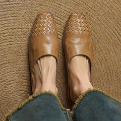 Women's Leather Mules Square Toe Woven Slip-On Flats | Spring