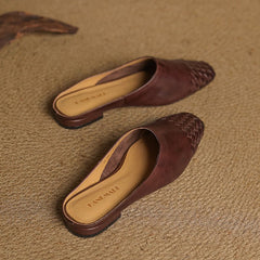 Women's Leather Mules Square Toe Woven Slip-On Flats | Spring