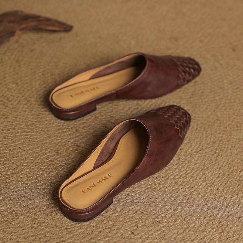 Women's Leather Mules Square Toe Woven Slip-On Flats | Spring
