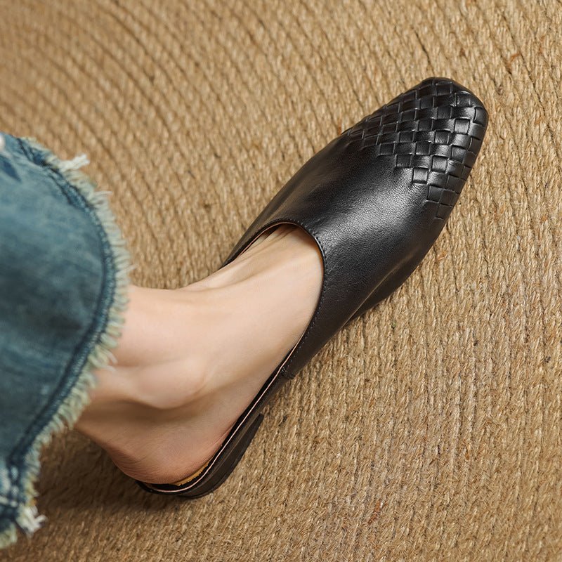 Women's Leather Mules Square Toe Woven Slip-On Flats | Spring