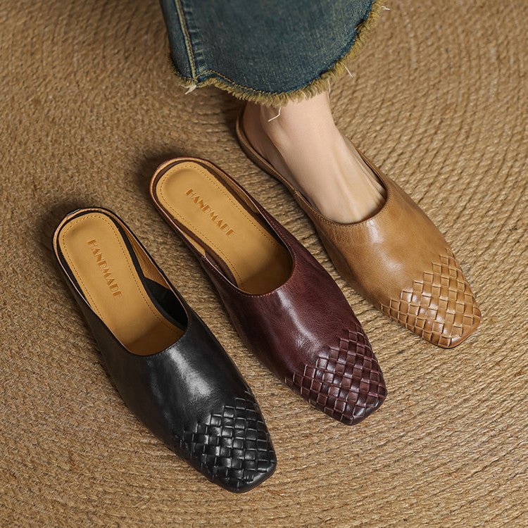 Women's Leather Mules Square Toe Woven Slip-On Flats | Spring