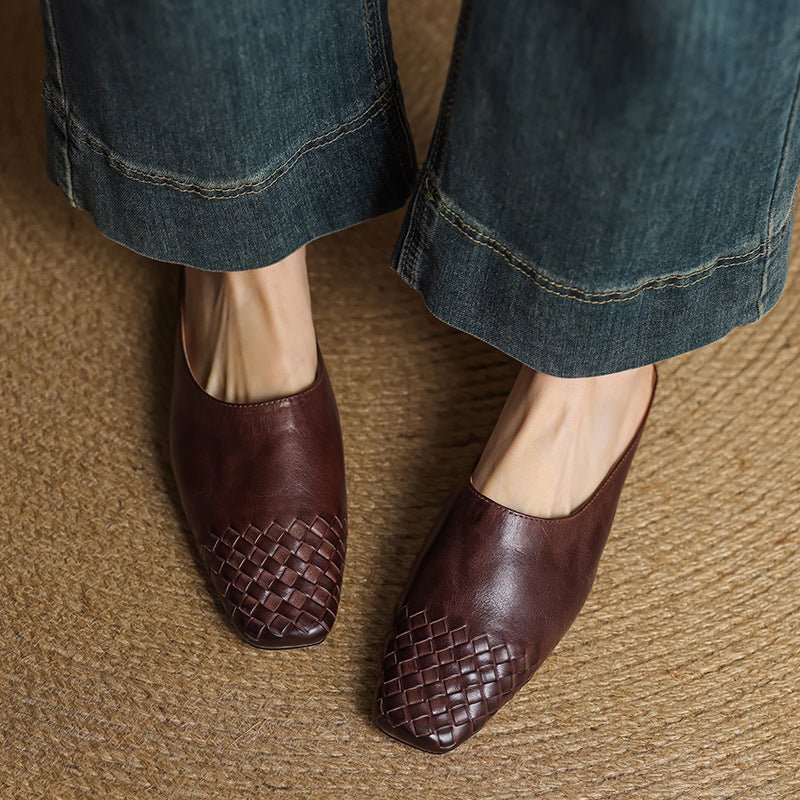 Women's Leather Mules Square Toe Woven Slip-On Flats | Spring