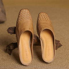 Women's Leather Mules Square Toe Woven Slip-On Flats | Spring
