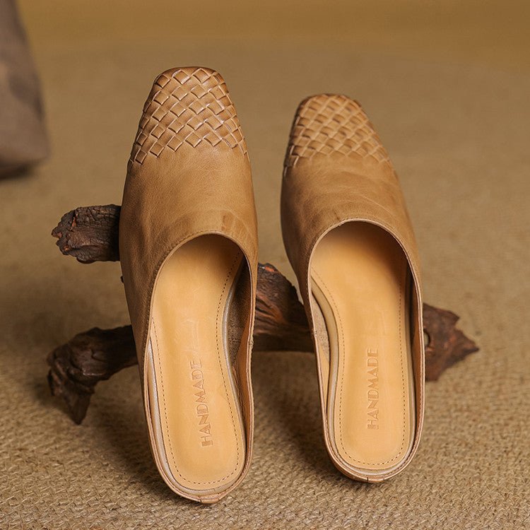 Women's Leather Mules Square Toe Woven Slip-On Flats | Spring