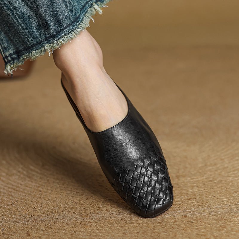 Women's Leather Mules Square Toe Woven Slip-On Flats | Spring