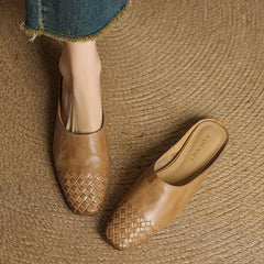 Women's Leather Mules Square Toe Woven Slip-On Flats | Spring
