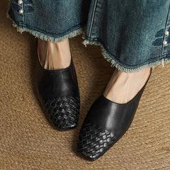Women's Leather Mules Square Toe Woven Slip-On Flats | Spring