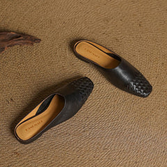 Women's Leather Mules Square Toe Woven Slip-On Flats | Spring