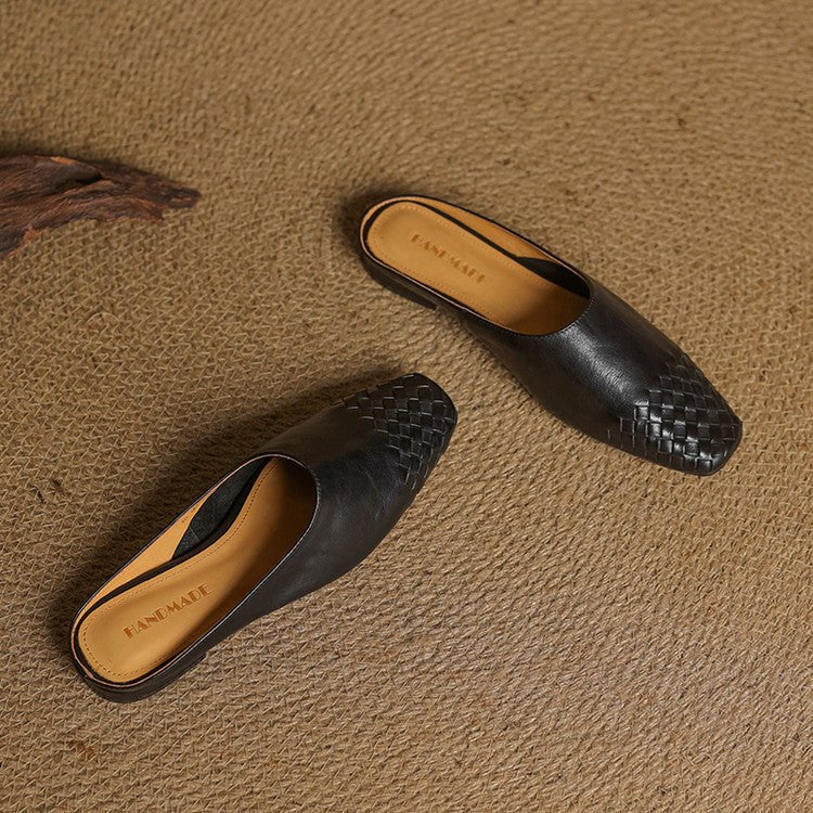 Women's Leather Mules Square Toe Woven Slip-On Flats | Spring