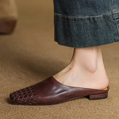 Women's Leather Mules Square Toe Woven Slip-On Flats | Spring