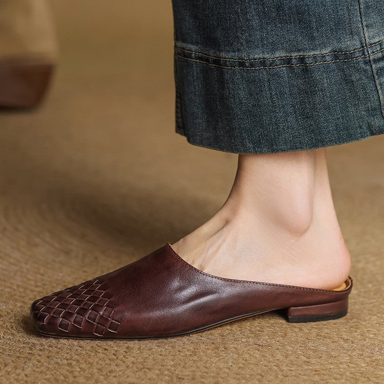 Women's Leather Mules Square Toe Woven Slip-On Flats | Spring