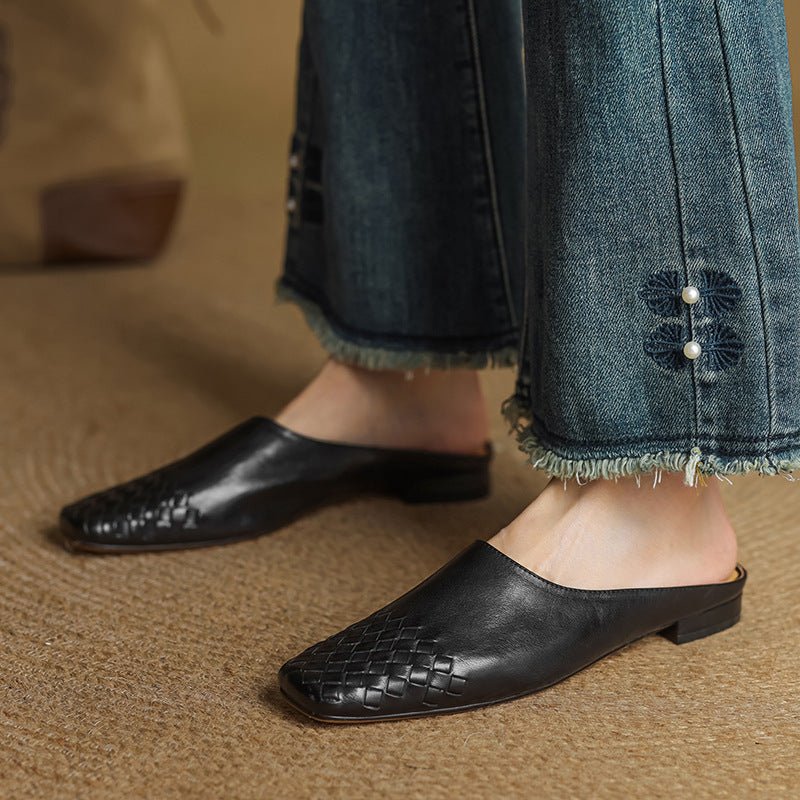 Women's Leather Mules Square Toe Woven Slip-On Flats | Spring