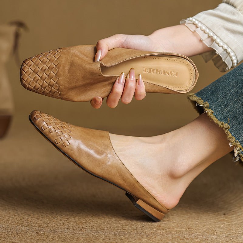 Women's Leather Mules Square Toe Woven Slip-On Flats | Spring - Khaki