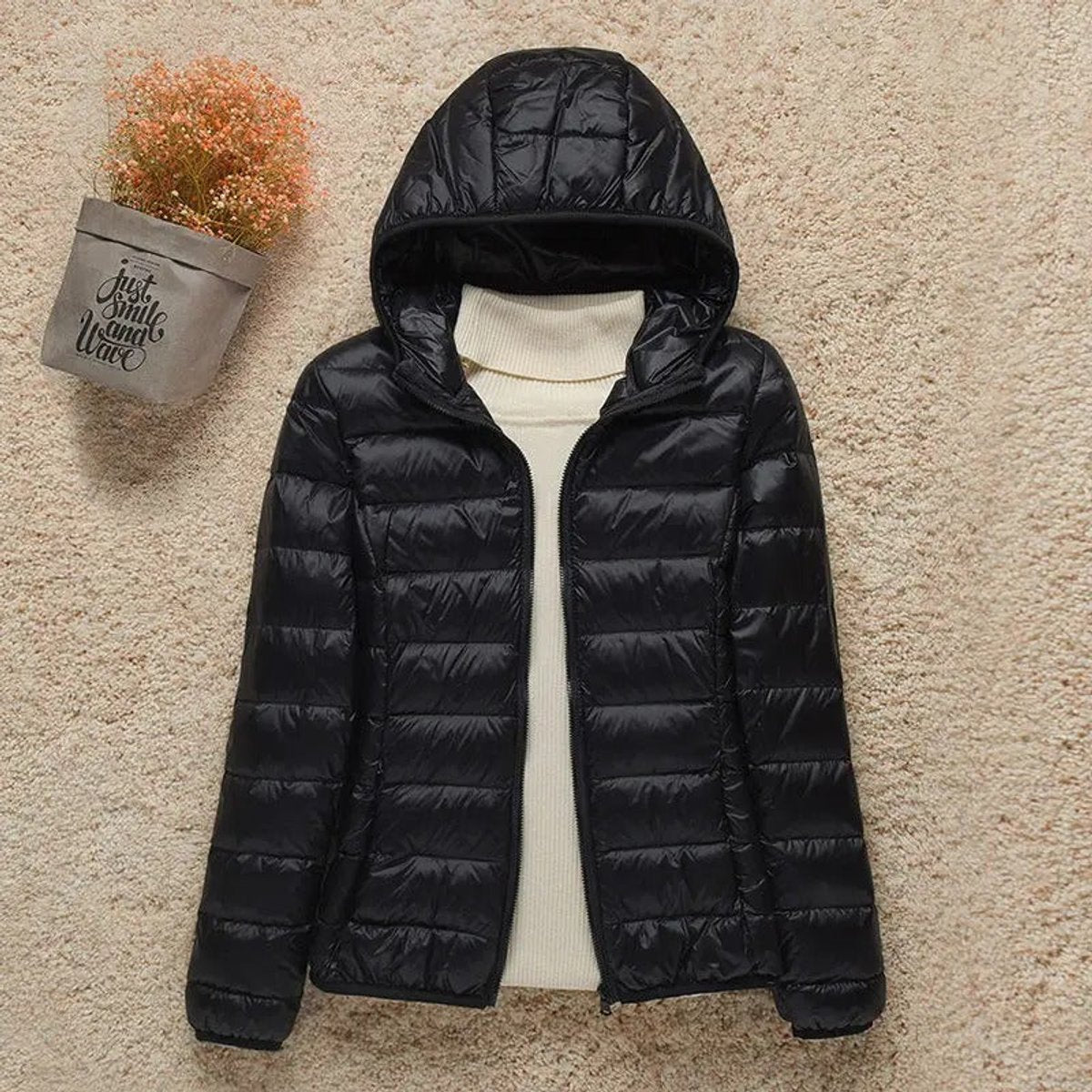 Women's Lightweight Hooded Quilted Jacket - Packable Puffer | Winter - Black