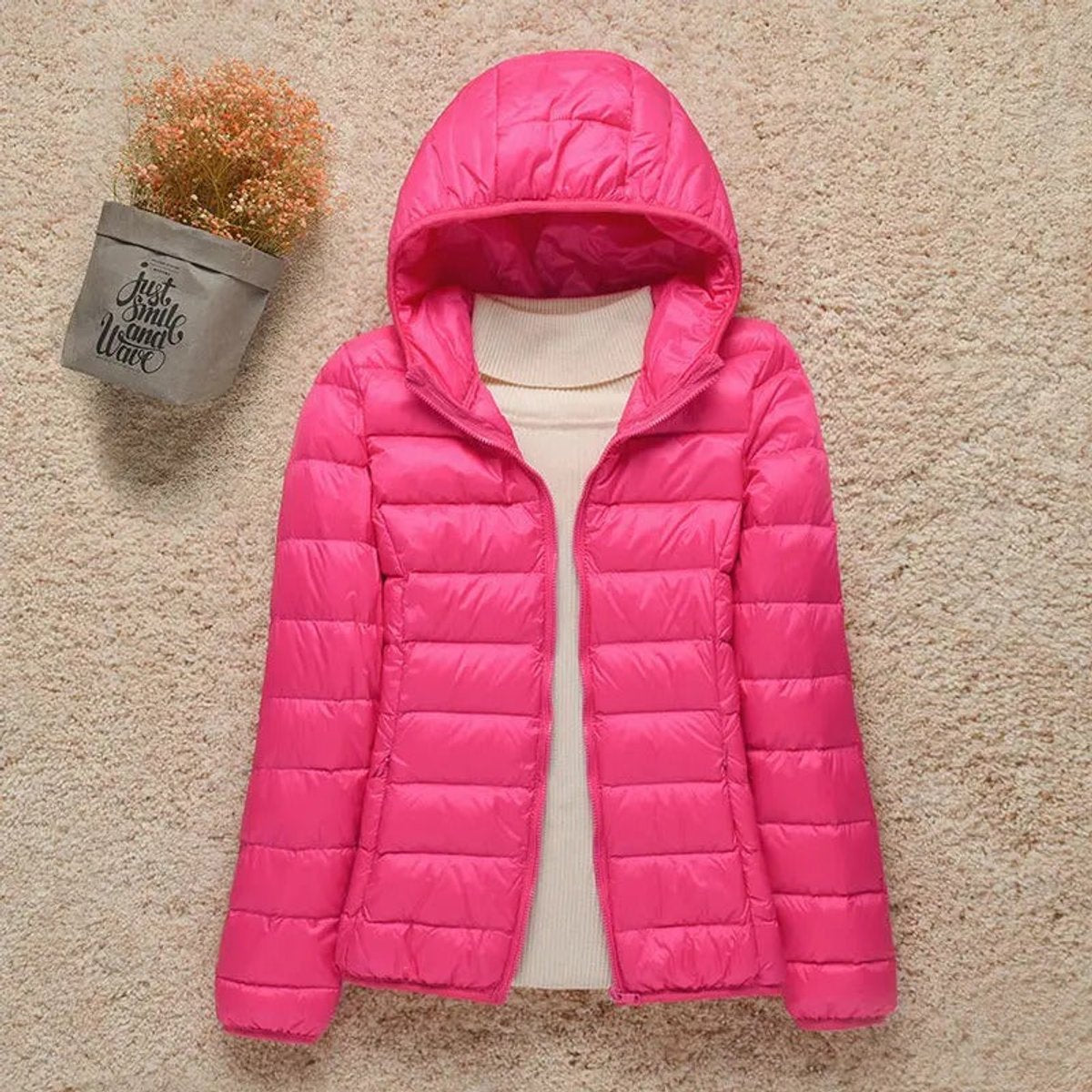Women's Lightweight Hooded Quilted Jacket - Packable Puffer | Winter - Fuchsia