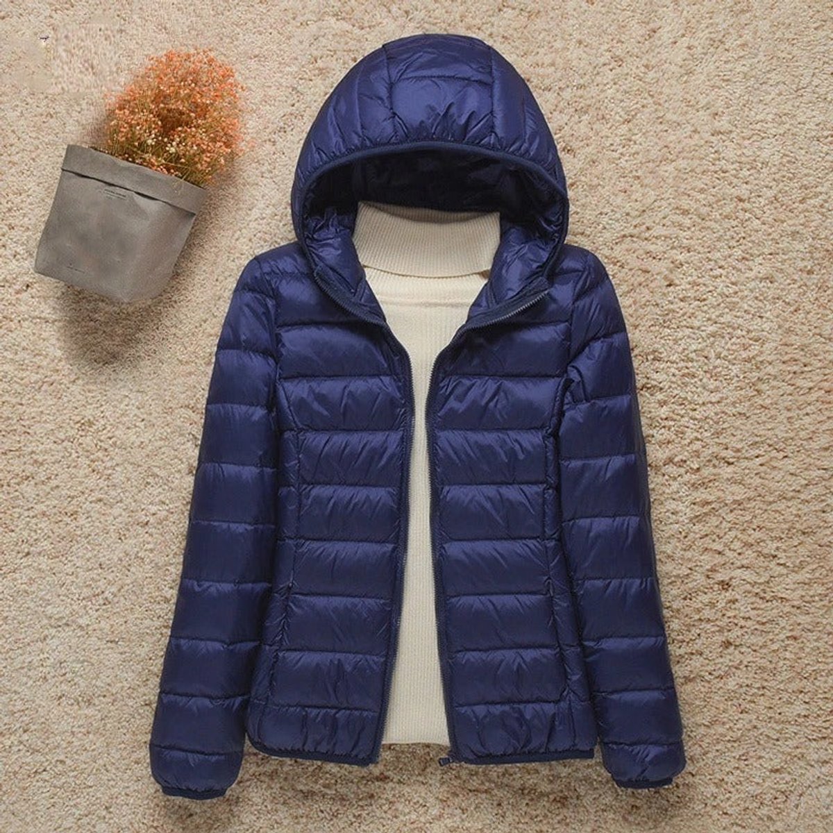 Women's Lightweight Hooded Quilted Jacket - Packable Puffer | Winter - Navy