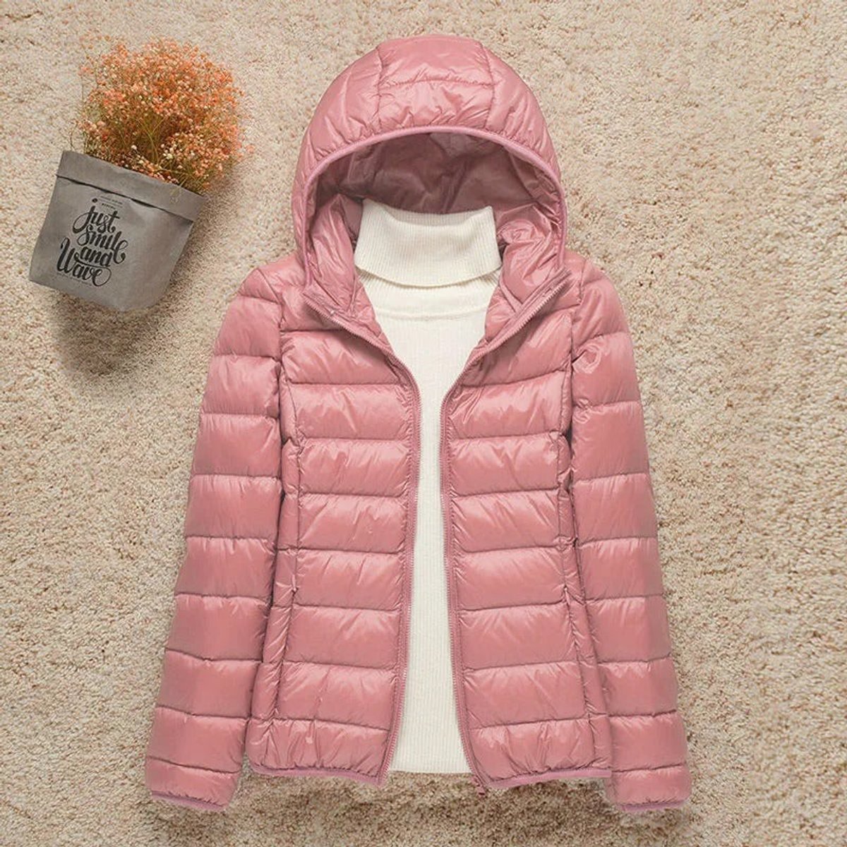 Women's Lightweight Hooded Quilted Jacket - Packable Puffer | Winter - Pink