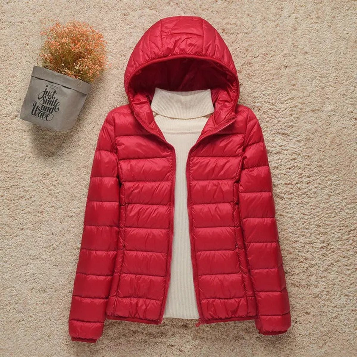 Women's Lightweight Hooded Quilted Jacket - Packable Puffer | Winter - Red