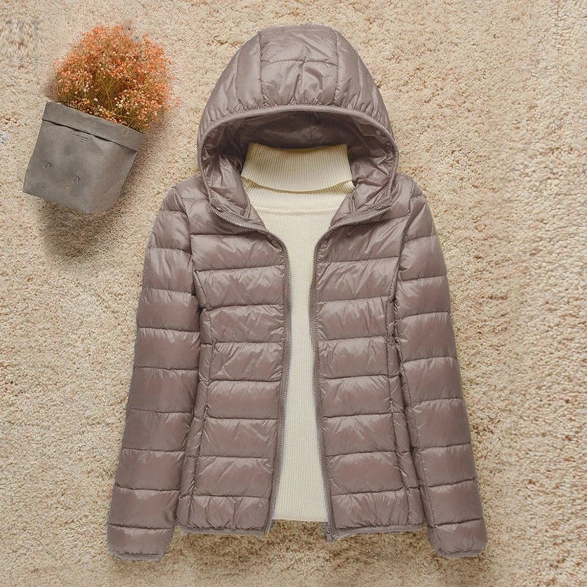 Women's Lightweight Hooded Quilted Jacket - Packable Puffer | Winter - Taupe