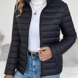 Women's Lightweight Quilted Puffer Coat - Stand Collar Zip-Up | Winter - Black