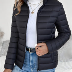 Women's Lightweight Quilted Puffer Coat - Stand Collar Zip-Up | Winter - Black