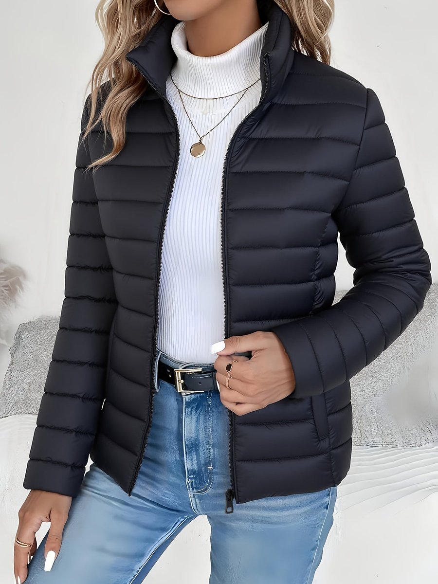 Women's Lightweight Quilted Puffer Coat - Stand Collar Zip-Up | Winter - Black