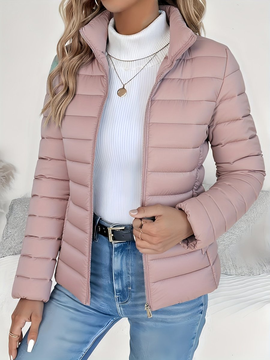 Women's Lightweight Quilted Puffer Coat - Stand Collar Zip-Up | Winter