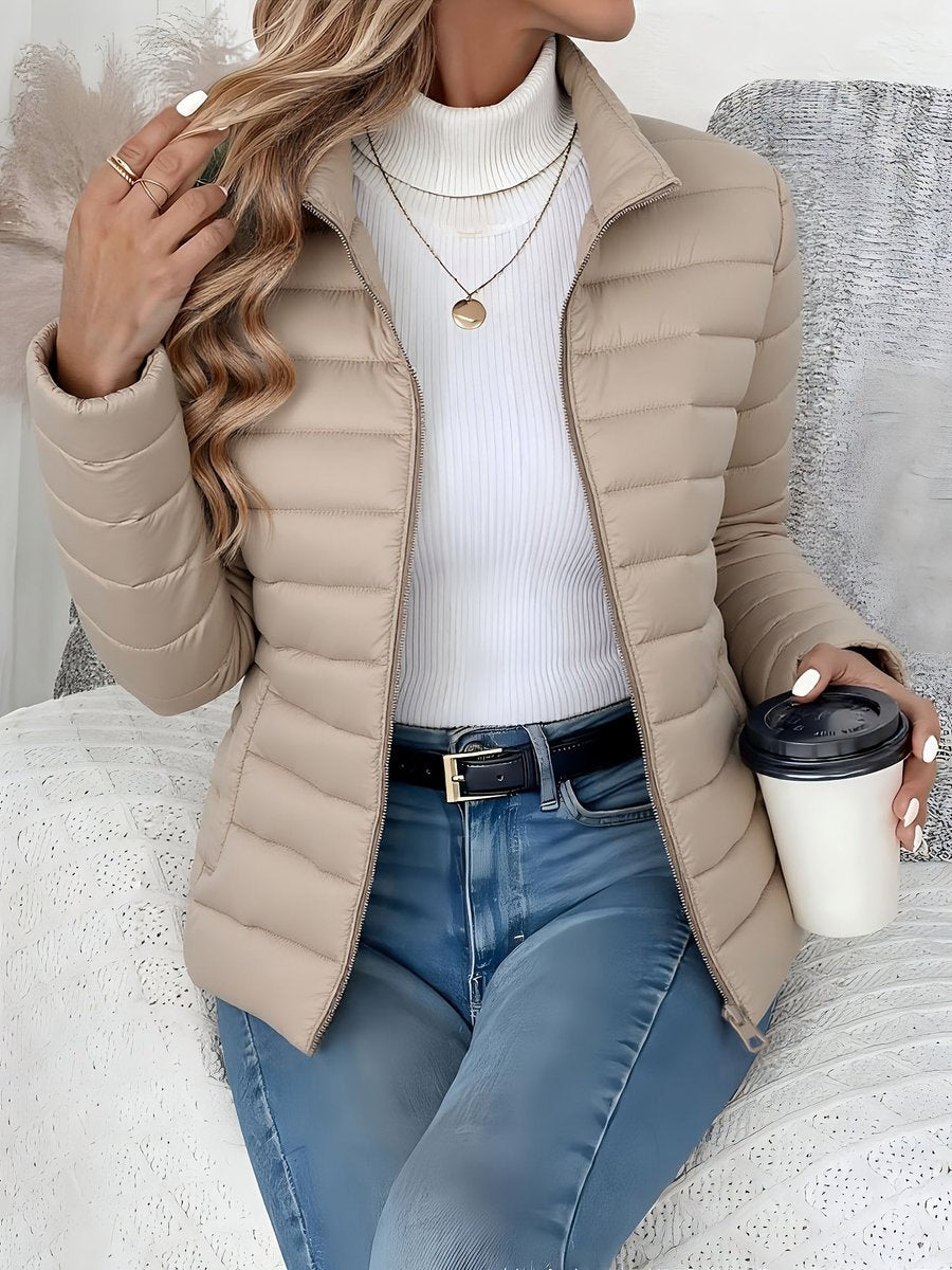 Women's Lightweight Quilted Puffer Coat - Stand Collar Zip-Up | Winter