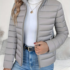 Women's Lightweight Quilted Puffer Coat - Stand Collar Zip-Up | Winter - Gray