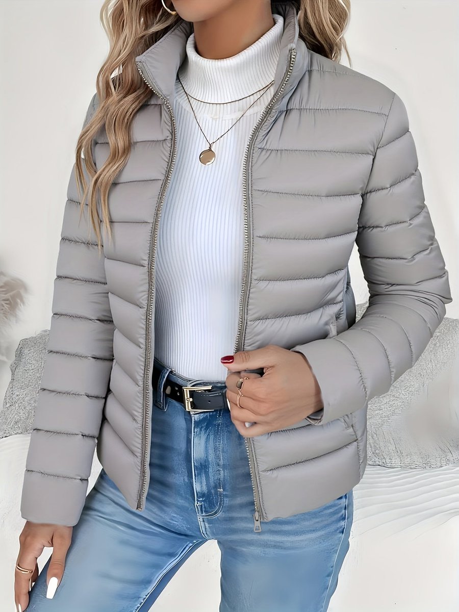 Women's Lightweight Quilted Puffer Coat - Stand Collar Zip-Up | Winter - Gray