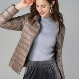 Women's Lightweight Quilted Puffer Coat - Stand Collar Zip-Up | Winter - Khaki