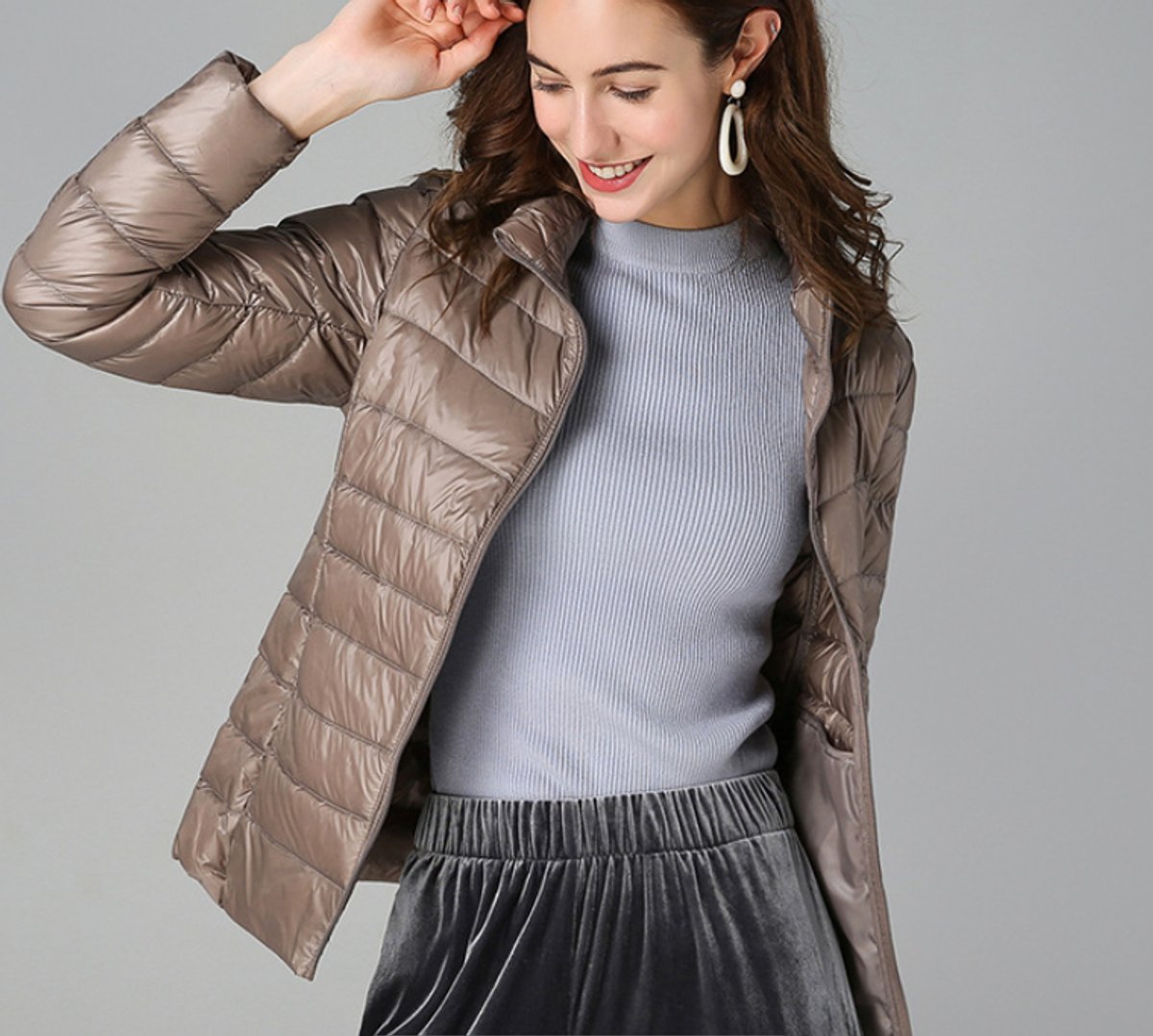 Women's Lightweight Quilted Puffer Coat - Stand Collar Zip-Up | Winter - Khaki