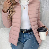 Women's Lightweight Quilted Puffer Coat - Stand Collar Zip-Up | Winter - Pink