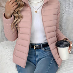 Women's Lightweight Quilted Puffer Coat - Stand Collar Zip-Up | Winter - Pink