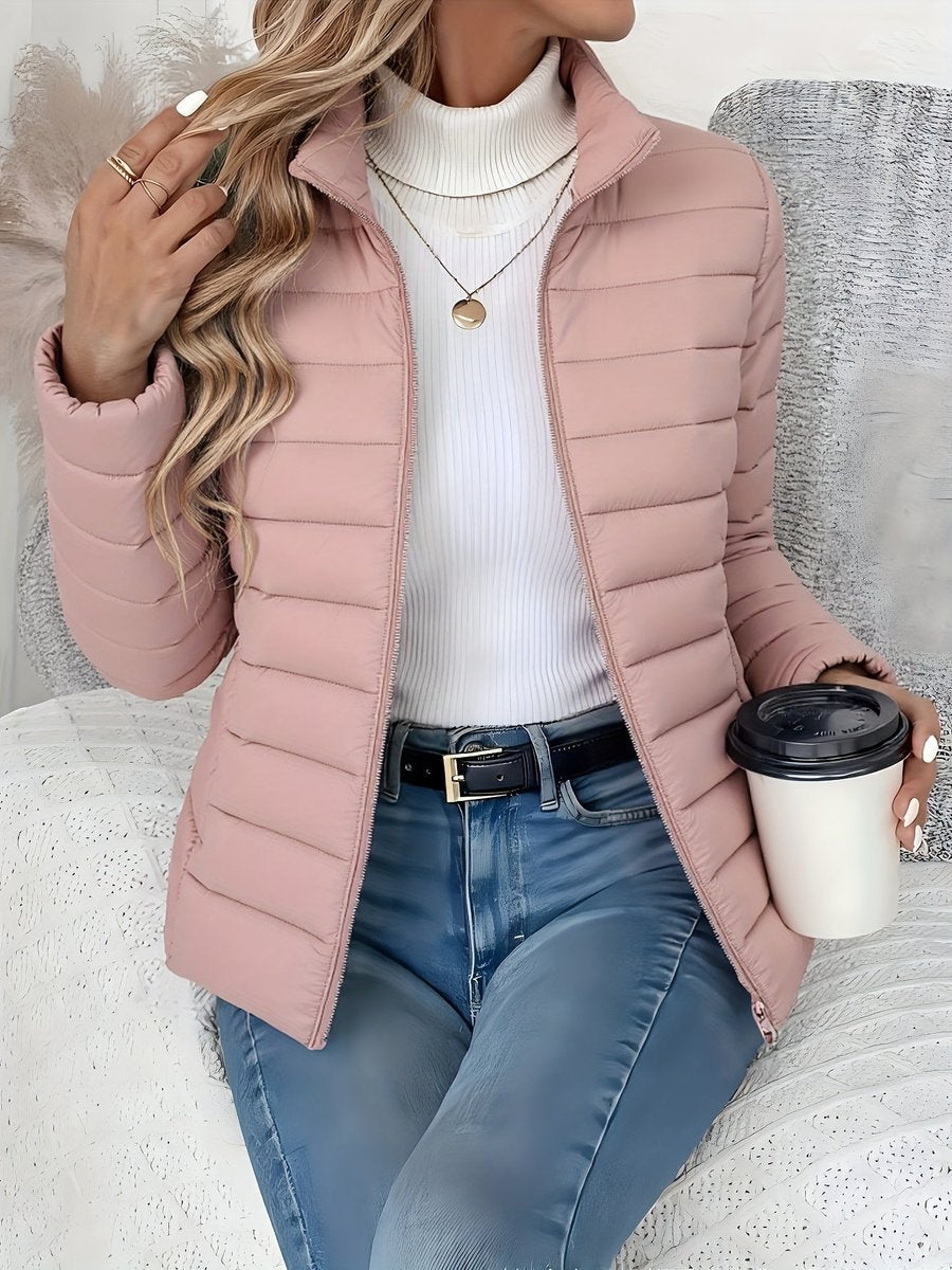 Women's Lightweight Quilted Puffer Coat - Stand Collar Zip-Up | Winter - Pink