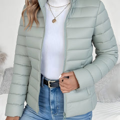 Women's Lightweight Quilted Puffer Coat - Stand Collar Zip-Up | Winter - Sage Green